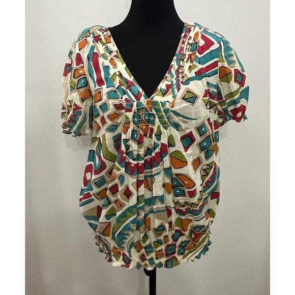 Nine West Short Sleeve Womens Top Large Beige Multicolor Geometric Career - Picture 9 of 10